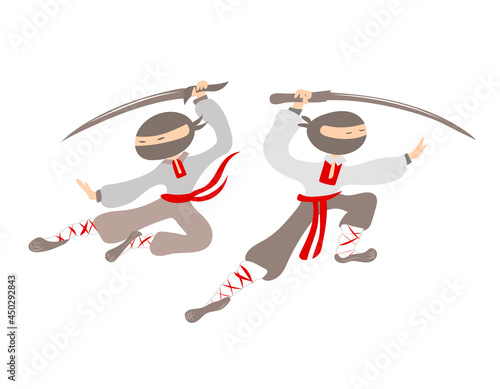 Ninja in a fighting stance with a katana sword Vector stock illustration White isolated background Cartoon style humor. Slavic clothes 