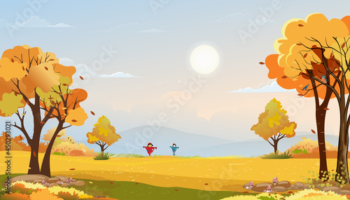 Autumn rural landscape in evening light with sunset  blue and pink sky background Vector Cartoon fall season at countryside with forest tree and grass field with sunrise Backdrop banner for Autumnal