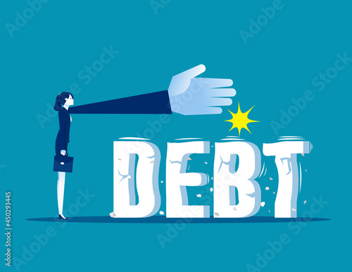 Businesswoman trying to crush and smash the heavy debt burden. Breaking the debt