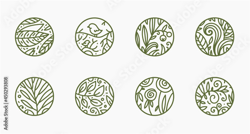 Vector set of linear nature logos. Abstract badges, eco products, cosmetics, ecology concepts, health, spa, yoga, social net highlights. Leaves, flowers, birds