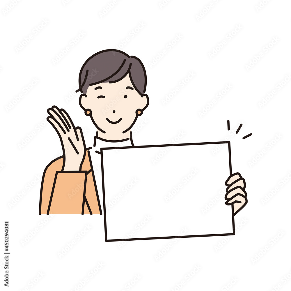 シンプル　イラスト　メッセージボードを持ってウインクをする女性
