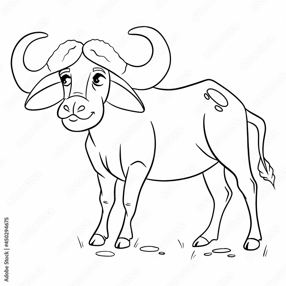 Animal character funny buffalo in line style. Children's illustration.