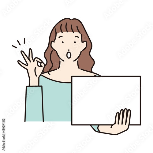 シンプル　イラスト　フリップを持ってOKサインを出す女性