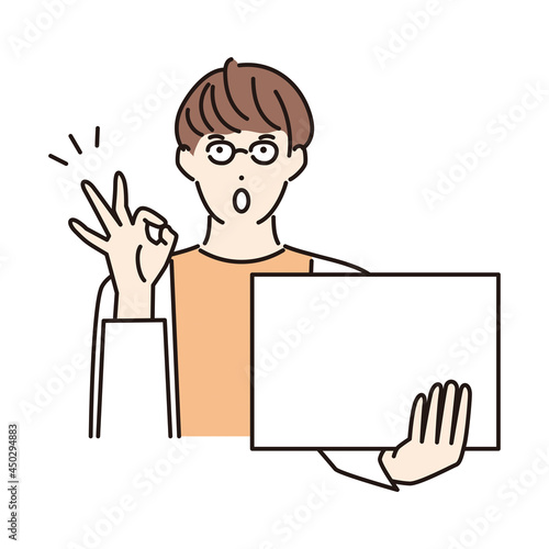 シンプル　イラスト　フリップを持ってOKサインを出す男性