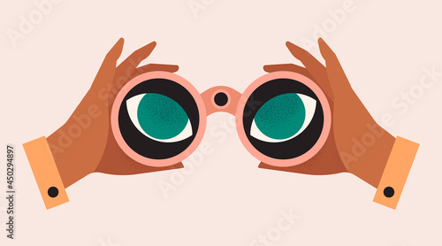 Hands holding binoculars, big eyes looking forward through lenses. Concept of search, vision, view, spying. Future strategy, business opportunity, exploration. Isolated vector illustration photo