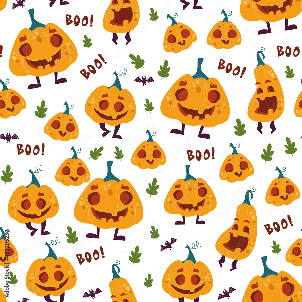 Fototapeta premium Halloween pattern with cute pumpkins and letters boo. Children s cartoon pattern for Halloween. Cheerful yellow pumpkins with smiles on a white background. Vector illustration for packaging