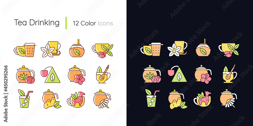 Tea drinking related light and dark theme RGB color icons set. Tea with different additives. Isolated vector illustrations on white and black space. Simple filled line drawings pack