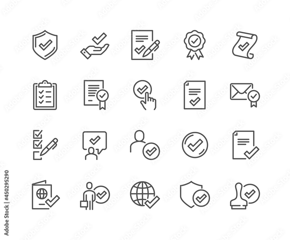 Simple Set of Approve Related Vector Line Icons. Contains such Icons as Protection Guarantee, Accepted Document, Quality Check and more. Editable Stroke. 48x48 Pixel Perfect.