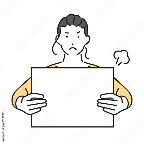 シンプル　イラスト　メッセージボードを使って断る女性