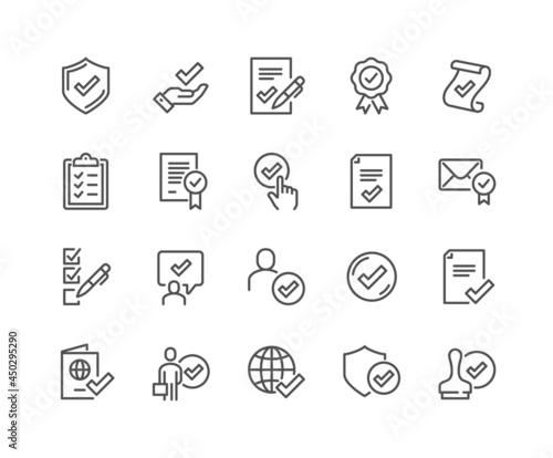Simple Set of Approve Related Vector Line Icons. Contains such Icons as Protection Guarantee, Accepted Document, Quality Check and more. Editable Stroke. 48x48 Pixel Perfect.