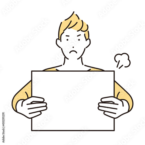 シンプル　イラスト　メッセージボードを使って断る男性