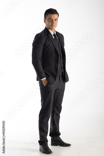 Portrait confident happy smilling handsome business man in suit on white background. Caucasian people.