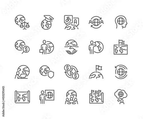 Simple Set of Global Business Related Vector Line Icons. Contains such Icons as World Map, Outsource, Financial Transactions and more. Editable Stroke. 48x48 Pixel Perfect.