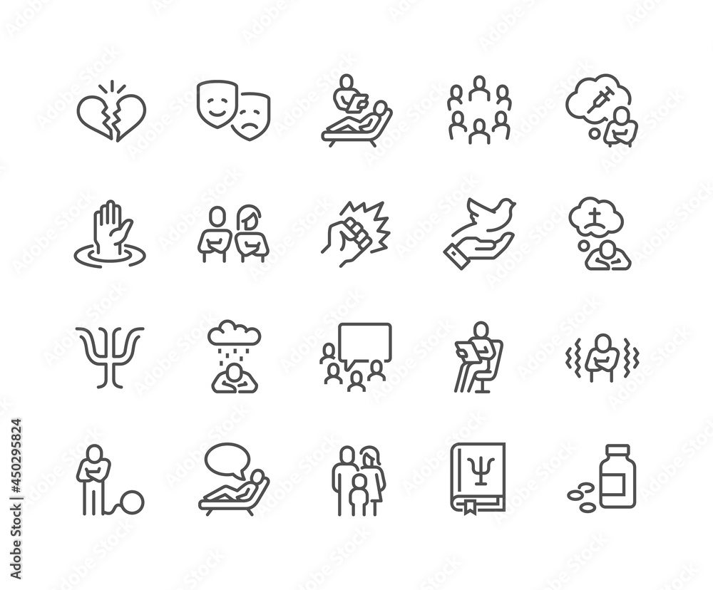 Fototapeta premium Simple Set of Psychology Related Vector Line Icons. Contains such Icons as Family Relationship, Group Therapy, Addiction and more. Editable Stroke. 48x48 Pixel Perfect.