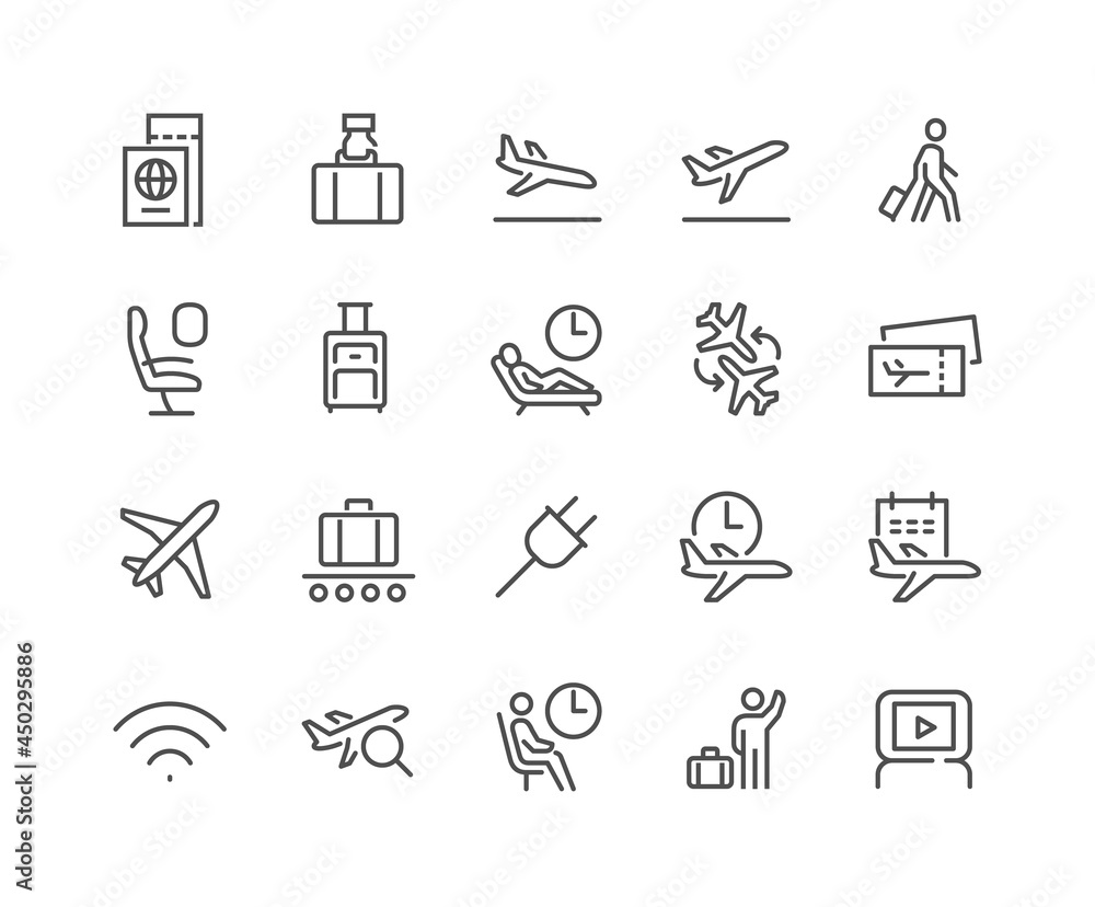 Simple Set of Airport Related Vector Line Icons. Contains such Icons as Departure, Tickets, Baggage Claim and more. Editable Stroke. 48x48 Pixel Perfect. Simple Set of Airport Related Vector Line Icons. Contains such Icons as Departure, Tickets, Baggage Claim and more. Editable Stroke. 48x48 Pixel Perfect.