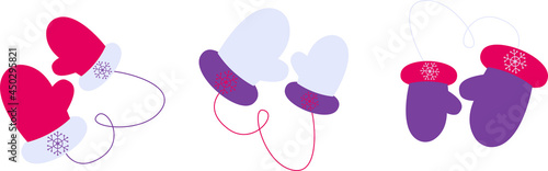 Mittens. Three pairs of winter mittens. Christmas. Winter holidays. Flat style on a white background.