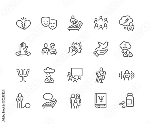 Simple Set of Psychology Related Vector Line Icons. Contains such Icons as Family Relationship, Group Therapy, Addiction and more. Editable Stroke. 48x48 Pixel Perfect.