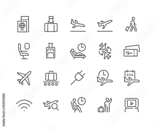 Simple Set of Airport Related Vector Line Icons. Contains such Icons as Departure, Tickets, Baggage Claim and more. Editable Stroke. 48x48 Pixel Perfect.