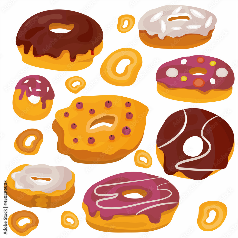 A set of delicious cartoon donuts. Chocolate, sprinkled with powdered, with colored glaze, donuts with sugar. Appetizer, Food. Bakery. A variety of food to decorate the kitchen or menu.