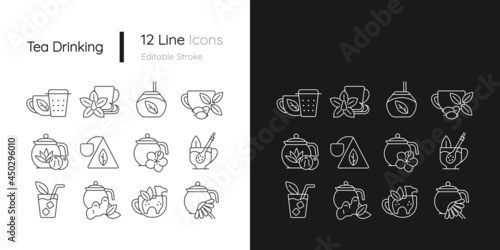 Tea drinking related linear icons set for dark and light mode. Tea with different additives. Drink in teacup. Customizable thin line symbols. Isolated vector outline illustrations. Editable stroke