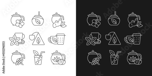 Tea and tea-like beverages linear icons set for dark and light mode. Hot herbal drink. Teacups and accessories. Customizable thin line symbols. Isolated vector outline illustrations. Editable stroke