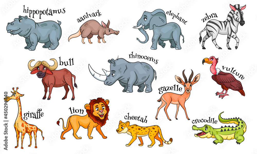 Obraz premium Large set of African animals. Funny animal characters in cartoon style.