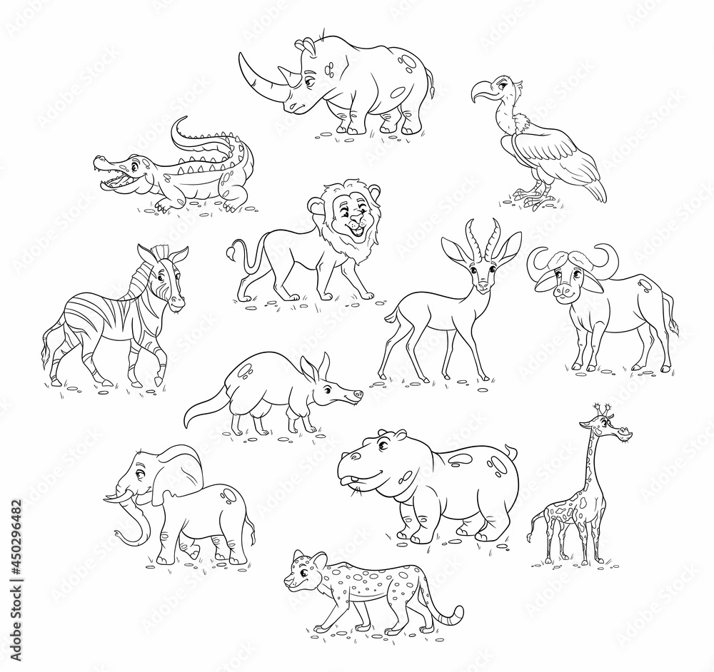 Large set of African animals. Funny animal characters in line style. Large set of African animals. Funny animal characters in line style.