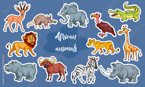 Large set of African animals. Funny animal characters in cartoon style Stickers.