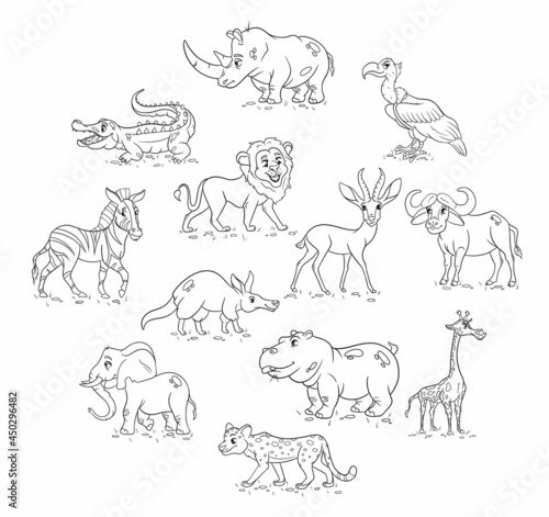 Fototapeta Naklejka Na Ścianę i Meble -  Large set of African animals. Funny animal characters in line style.
