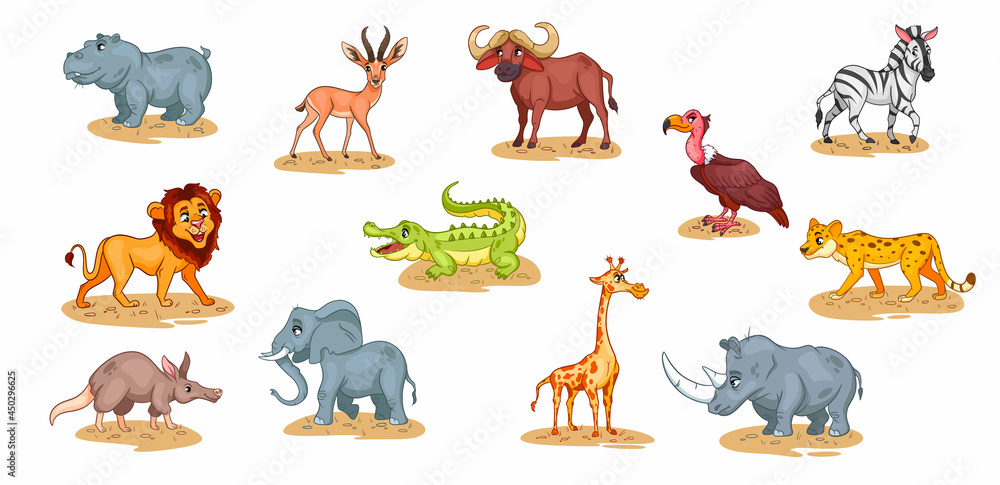 Naklejka premium Large set of African animals. Funny animal characters in cartoon style.
