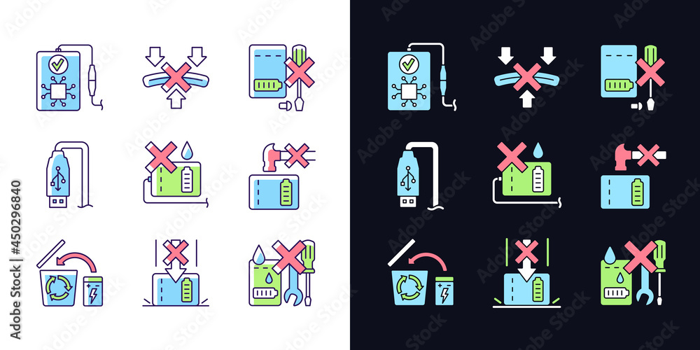 Power bank instruction light and dark theme RGB color manual label icons set. Isolated vector illustrations on white and black space. Simple filled line drawings pack for product use instructions Power bank instruction light and dark theme RGB color manual label icons set. Isolated vector illustrations on white and black space. Simple filled line drawings pack for product use instructions