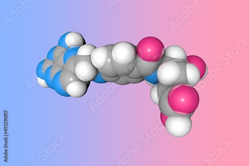 Space-filling molecular model of aminopterin. Atoms are represented as spheres with conventional color coding: carbon (grey), oxygen (red), hydrogen (white), nitrogen (blue). 3d illustration photo