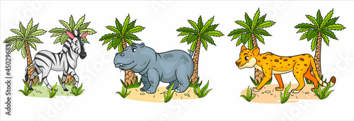 Fototapeta Naklejka Na Ścianę i Meble -  Funny characters animals zebra, hippo, cheetah with palms in cartoon style.