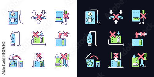 Power bank instruction light and dark theme RGB color manual label icons set. Isolated vector illustrations on white and black space. Simple filled line drawings pack for product use instructions