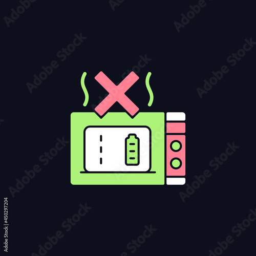 Dont microwave powerbank RGB color manual label icon for dark theme. Isolated vector illustration on night mode background. Simple filled line drawing on black for product use instructions