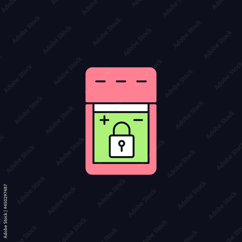 Non-replaceable battery RGB color manual label icon for dark theme. Isolated vector illustration on night mode background. Simple filled line drawing on black for product use instructions Non-replaceable battery RGB color manual label icon for dark theme. Isolated vector illustration on night mode background. Simple filled line drawing on black for product use instructions