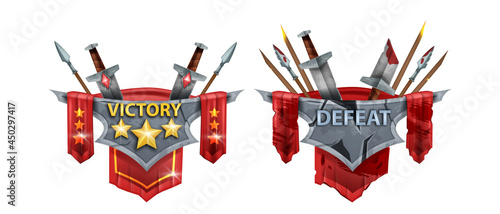 Victory defeat game badge vector kit, medieval battle award design, stone panel, spear, sword on white. Level up winner loser emblem fantasy RPG end battle UI sign set. Isolated achievement game badge
