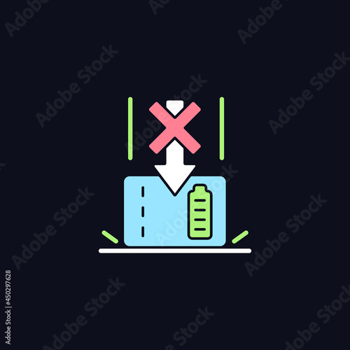Dont drop powerbank RGB color manual label icon for dark theme. Content damage. Isolated vector illustration on night mode background. Simple filled line drawing on black for product use instructions