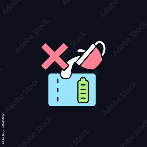 Dont spill on powerbank RGB color manual label icon for dark theme. Isolated vector illustration on night mode background. Simple filled line drawing on black for product use instructions