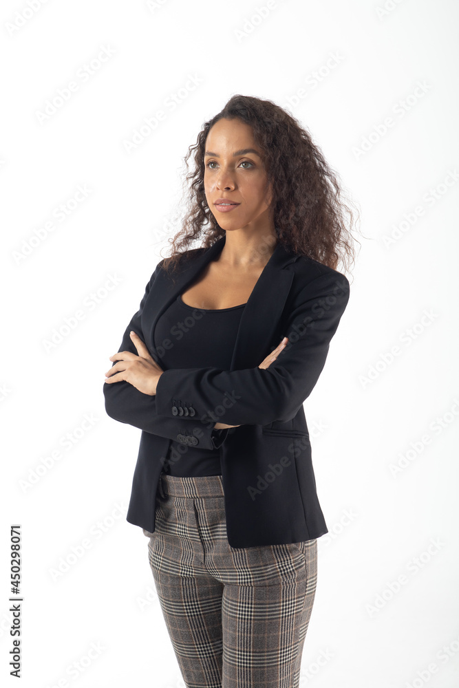 Portrait of a beautiful young hispanic woman smiling afro hairstyle isolated on white background Portrait of a beautiful young hispanic woman smiling afro hairstyle isolated on white background