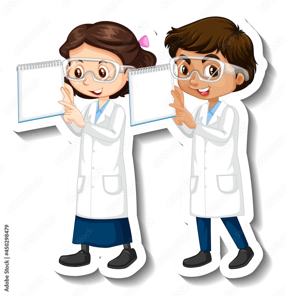 Cartoon character sticker with couple scientists in science gown Cartoon character sticker with couple scientists in science gown