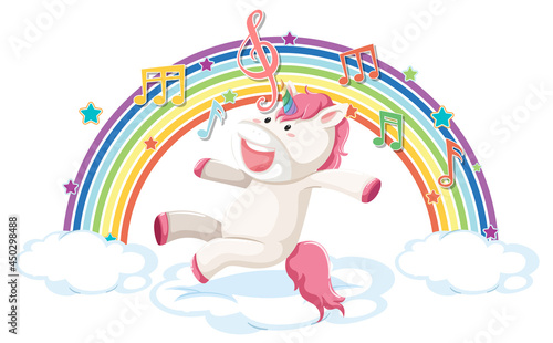 Unicorn jumping on cloud with rainbow and melody symbol