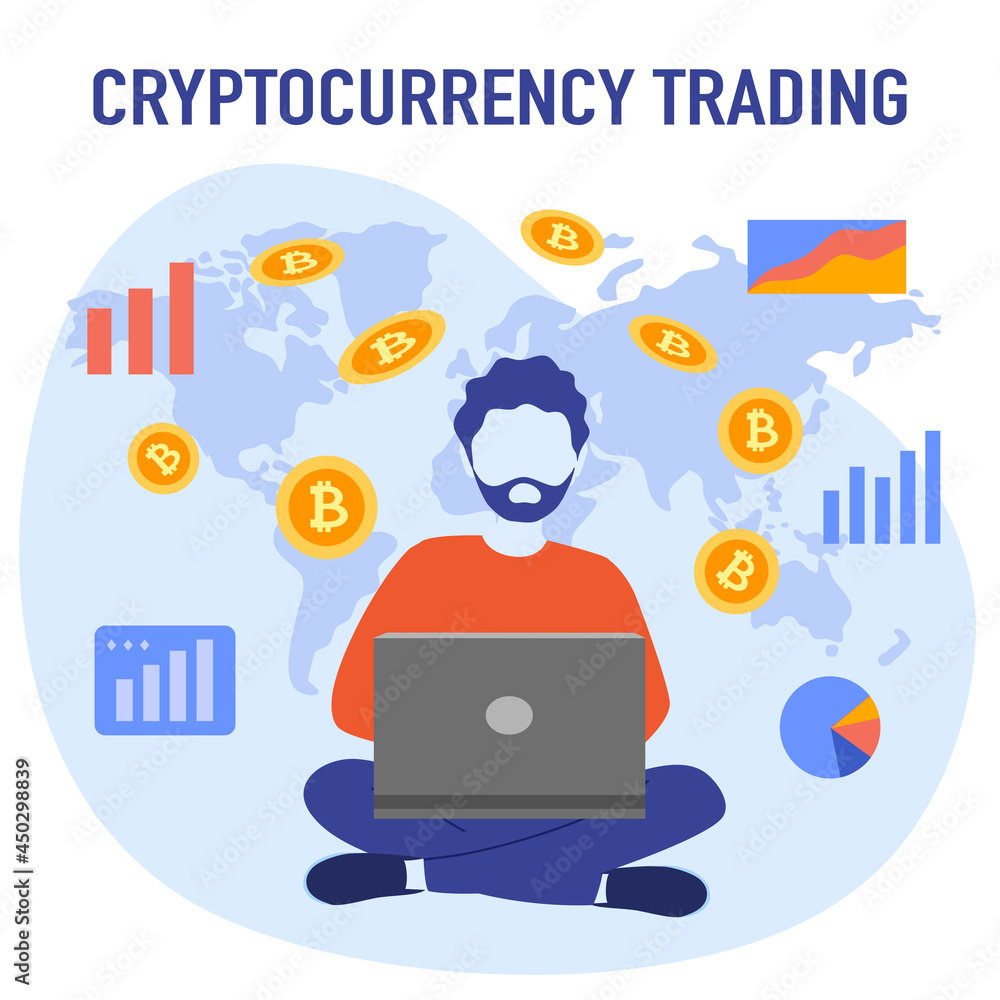 Cryptocurrency trading concept vector illustration. Investor trading digital currency with laptop computer in flat design. Cryptocurrency trading concept vector illustration. Investor trading digital currency with laptop computer in flat design.