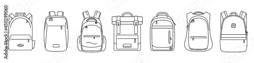 Backpack icon. Vector illustration. Set of black linear backpack icons. Isolated backpack icons photo