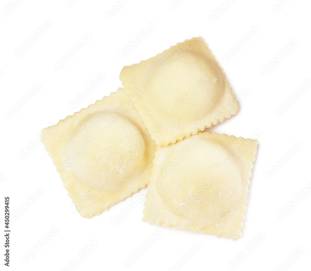 Uncooked ravioli with filling on white background, top view