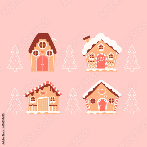 Set of colourful gingerbread houses with christmas tree on pink background, fantasy cookies for cozy winter village, design elements for greeting card for christmas and new year holidays