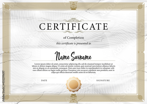 Certificate or diploma template in classic style. Certificate of complection of training. Strict, simple symmetrical design of certificate with white marble texture.