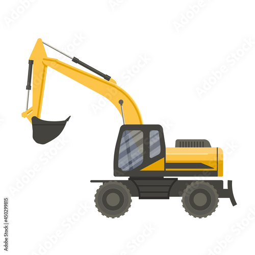 Yellow excavator isolated on transparent white background. Vector flat design illustration. Side view.