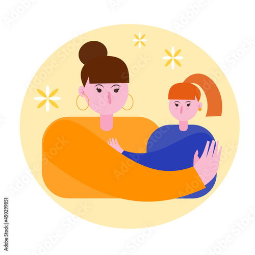 Vector illustration of a brunette woman with a red-haired baby. Mom hugs her daughter. Woman and daughter in a yellow circle with daisies. Hugs of daughter and mother. Family