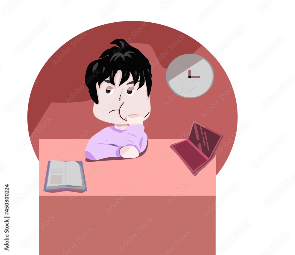 chubby man boring with learning online,laptop,notebook on desk chubby man boring with learning online,laptop,notebook on desk